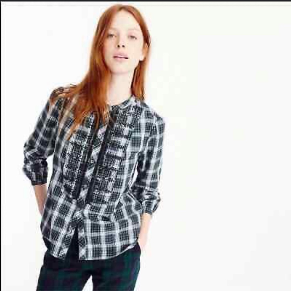 J.CREW Tartan Plaid Embellished Button Down Blouse Top Size Small